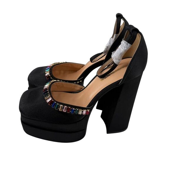 Fashion Nova Aloyse Platform Chunky Heel Rainbow Jeweled Size 8.5 Black Satin - Picture 7 of 11